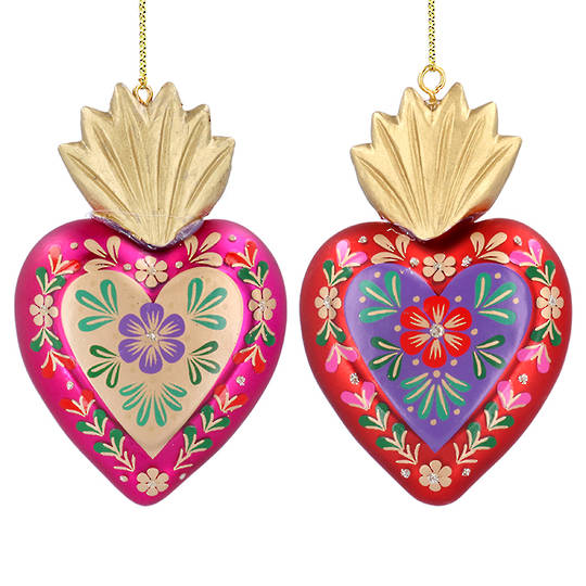 INDENT - Pack 12, Glass Heart Red & Pink, Gold Crown 9x6x3cm