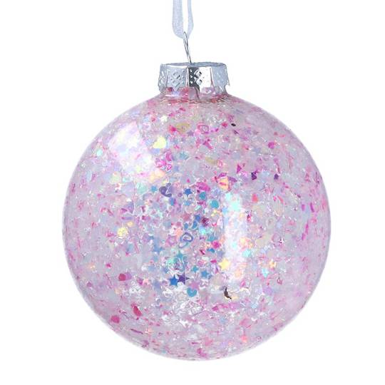 Glass Ball Clear, Pink Confetti 8cm *ETA NOV