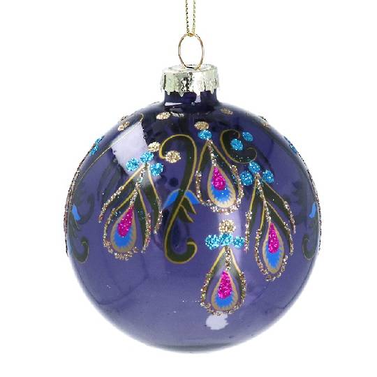 Glass Ball Purple, Glitter Feathers 8cm *ETA NOV
