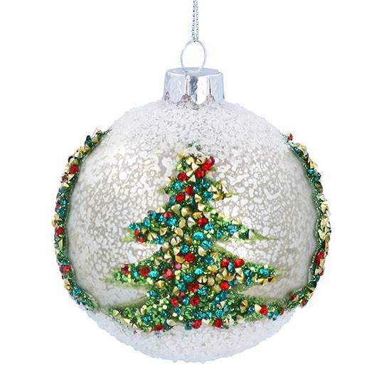 INDENT - Pack 12, Glass Ball Antique White, Glitter Trees 8cm