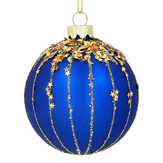 INDENT - Pack 12, Glass Ball Blue, Gold Glitter Star Strips 8cm