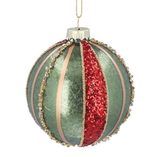 Glass Ball Antique Sage, Red Glitter Stripe 8cm *ETA NOV