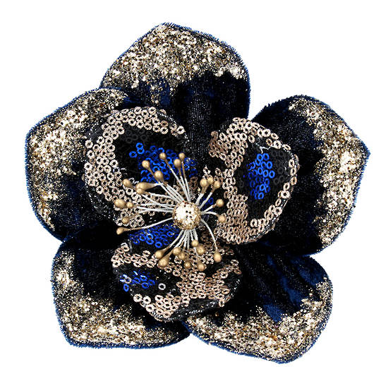 Fabric Cobalt & Gold Sequin Magnolia Clip 13cm