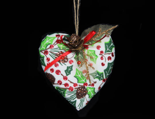 Woodland Holly Fabric Heart 8cm