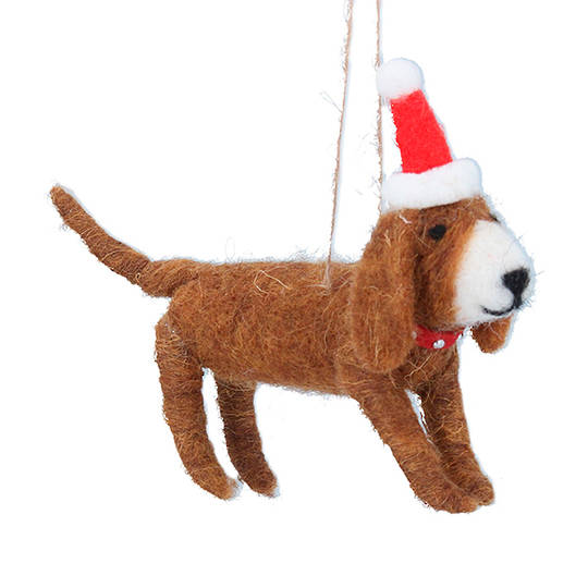 Wool Brown Dog with Santa Hat 11cm