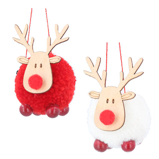 Wood Reindeer Wool Ball 6cm, Set 2