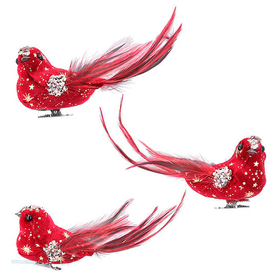 BirdClip, Red Fabric Feather and Stars