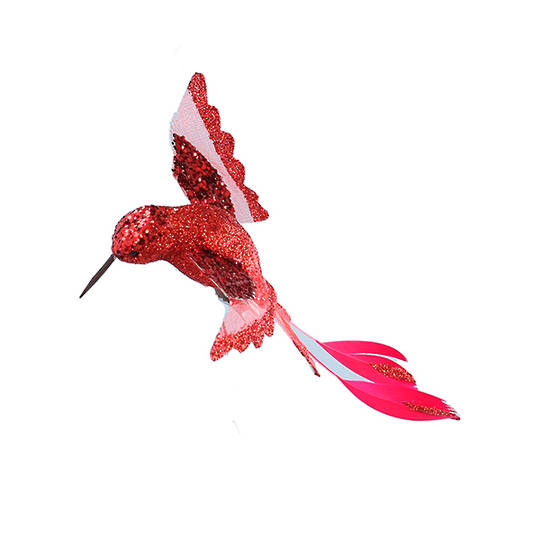 Bird Clip Red Glitter, Feather Hummingbird 13cm