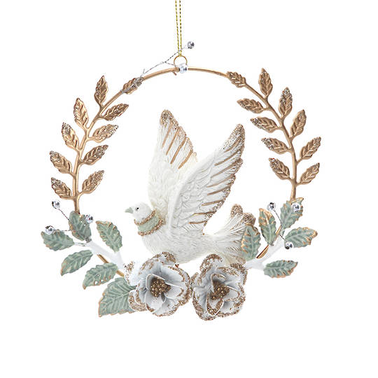 Resin Doves in Gold Wire Floral Ring 12cm