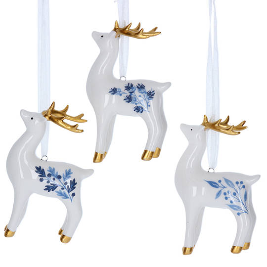 Ceramic White with Blue Leaves Reindeer 10cm