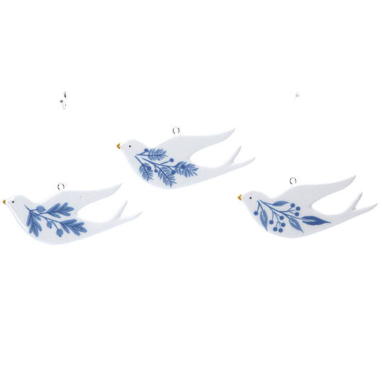Ceramic White Blue Flat Dove 9cm