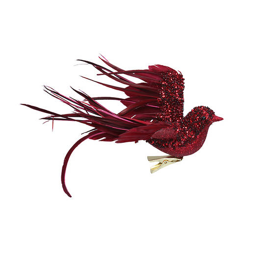 BirdClip Burgundy Glitter Feather Flying 22cm
