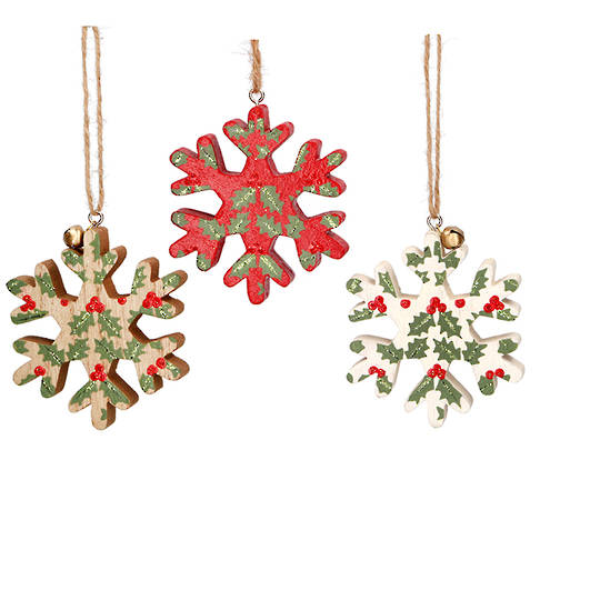 Wood Snowflake with Holly 8cm