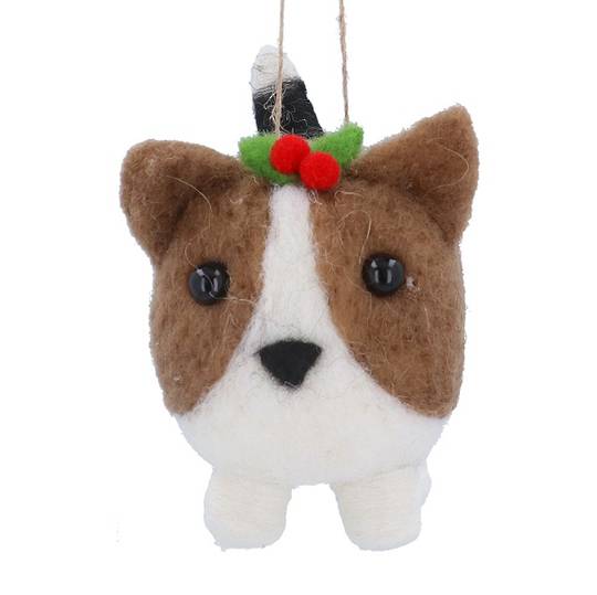 Wool Brown & White Dog with Holly 10cm *ETA NOV