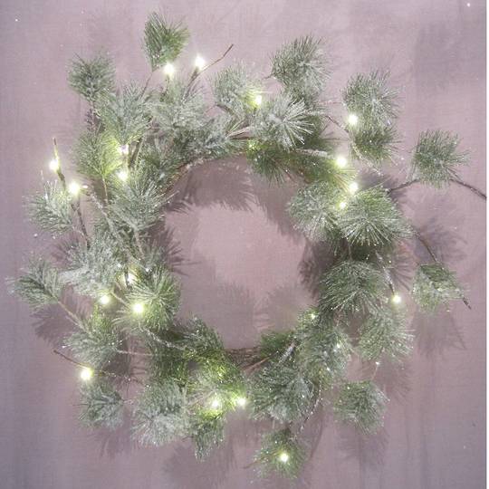 Snowy Green Pine Wreath 40cm, 24 LED Lights