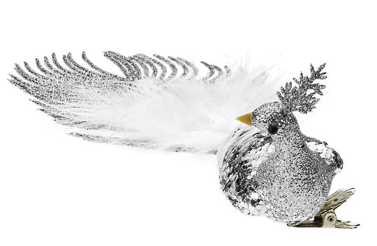 BirdClip Silver Glitter with White Feather Tail 21cm