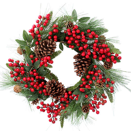 Red Berry, Pine, Fern Leaves Wreath 53cm
