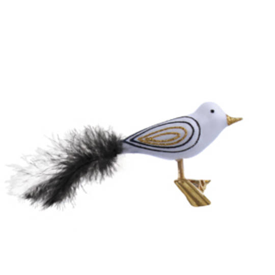 Glass Bird Clip White with Black And Gold Decor And Feathers 6cm