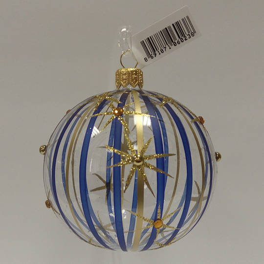 Glass Ball Clear, Blue and Gold Stripes and Stars 8cm