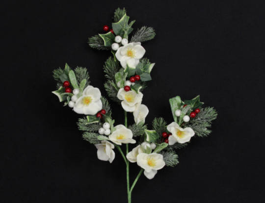 Frosted Fir and Christmas Rose Branch 45cm