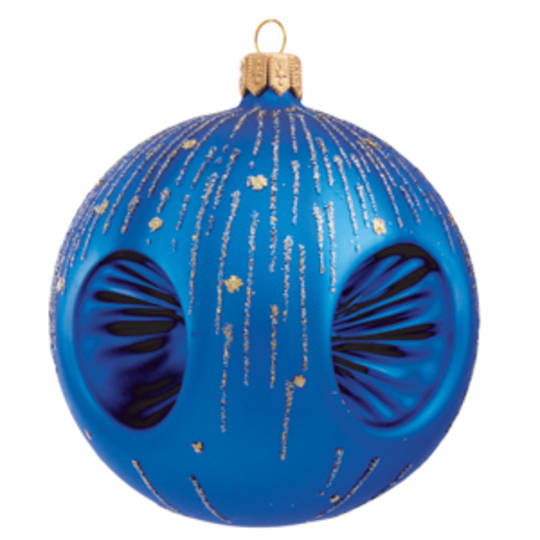 Glass Ball Matt Blue, Reflectors and Gold Stripes 8cm