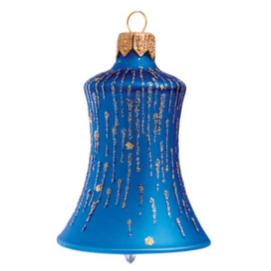 Glass Bell Matt Metallic Blue, Blue & Gold Stripes 8cm