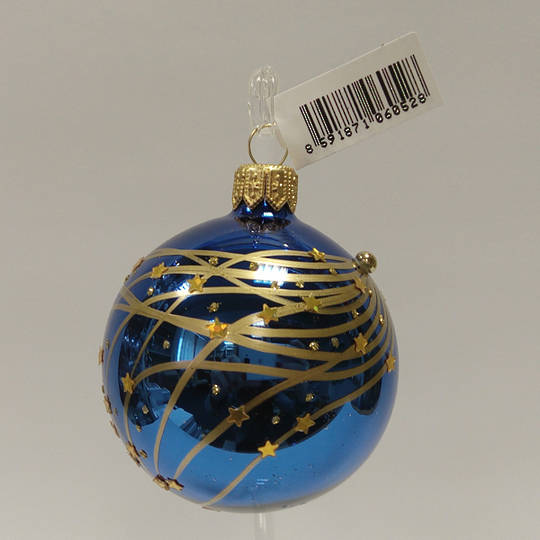 Glass Ball Metallic Blue, Gold Stripes and Stars 6cm
