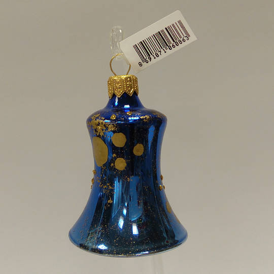 Glass Bell Metallic Blue, Matt Gold Dots and Decor 8cm