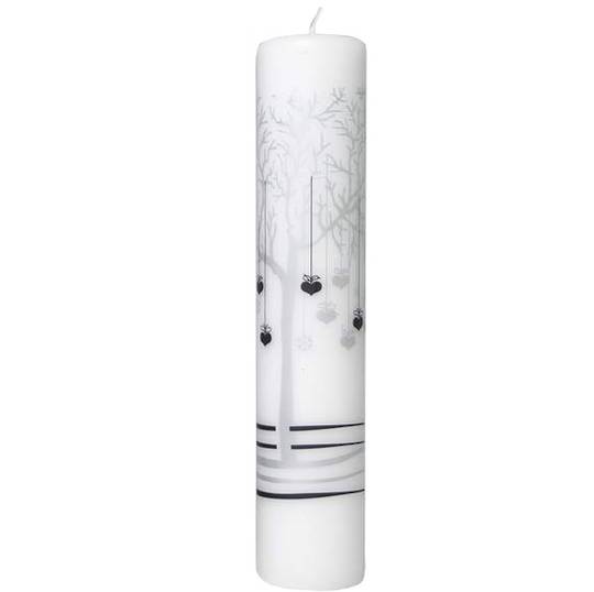 Advent Candle White, Winter Tree with Heart Decorations