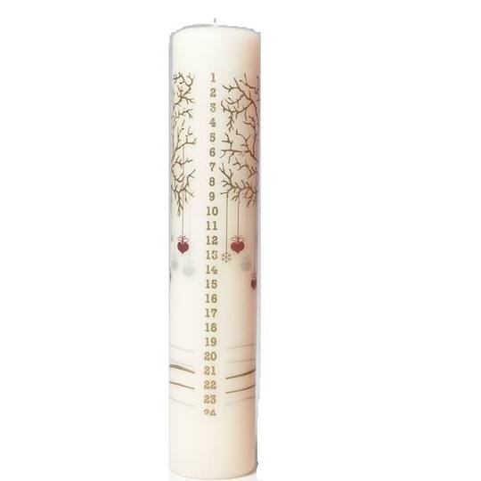 Advent Candle Ivory, Winter Tree with Heart Decorations