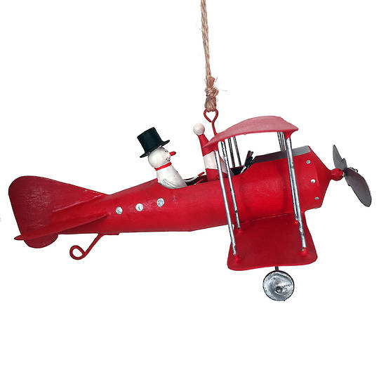 Tin Santa and Snowman in Red Bi-Wing Plane