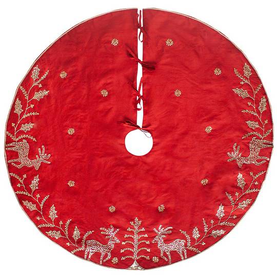 Xmas Tree Skirt, Silky Red with Gold Sequins