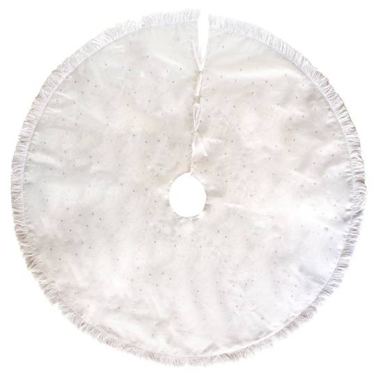 Xmas Tree Skirt, White with Silver Stars and White Fringe