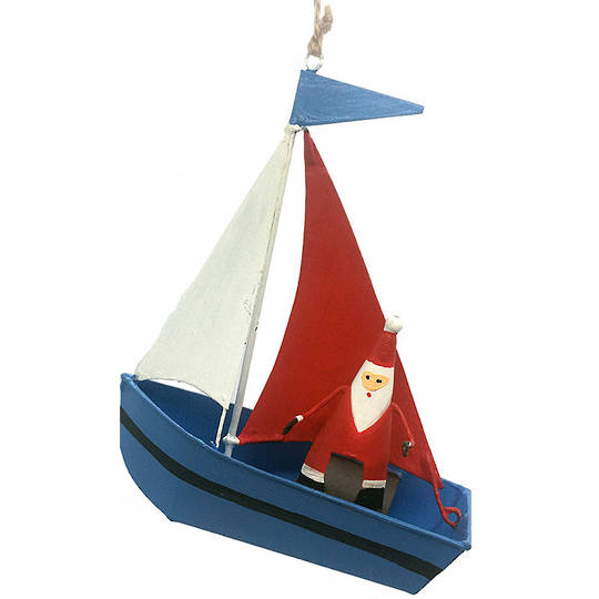 Tin Santa on Blue Sailboat 12cm