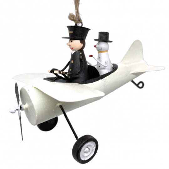 Tin Pilot and Snowman in White Plane 12cm