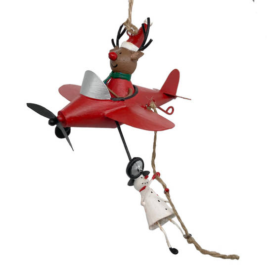 Tin Deer, Red Plane with Snowman on Rope 8x13cm