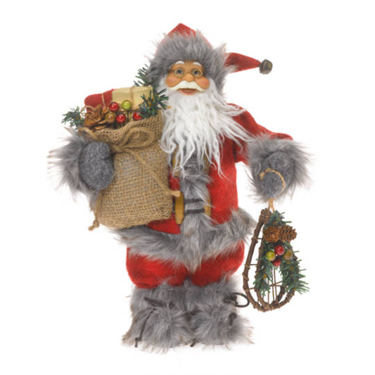 Santa 30cm Red Coat w/Grey Fur Trim. Snow Shoes and Sack