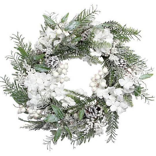 Wreath, Snowy Leaves, White Flowers & Berries 55cm