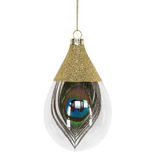 Glass Olive Clear, Gold Top, Peacock Feather Inside 11cm