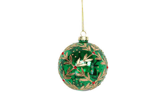 Hanging Glass Ball, Trans Green with Gold Leaf Pattern