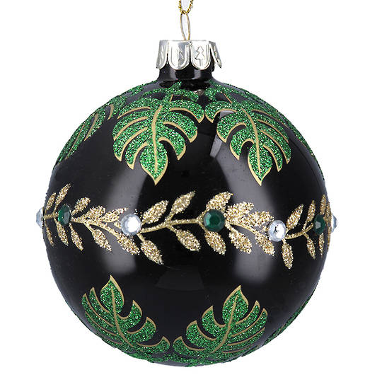 Glass Ball Gloss Black, Green Leaves 8cm