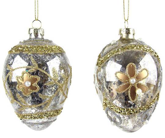 Glass Faberge Egg, Silver, Gold Flower 10cm