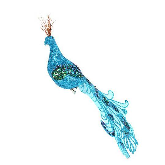 Clip, Mini Blue Glitter Peacock with Curly Tail 14cm