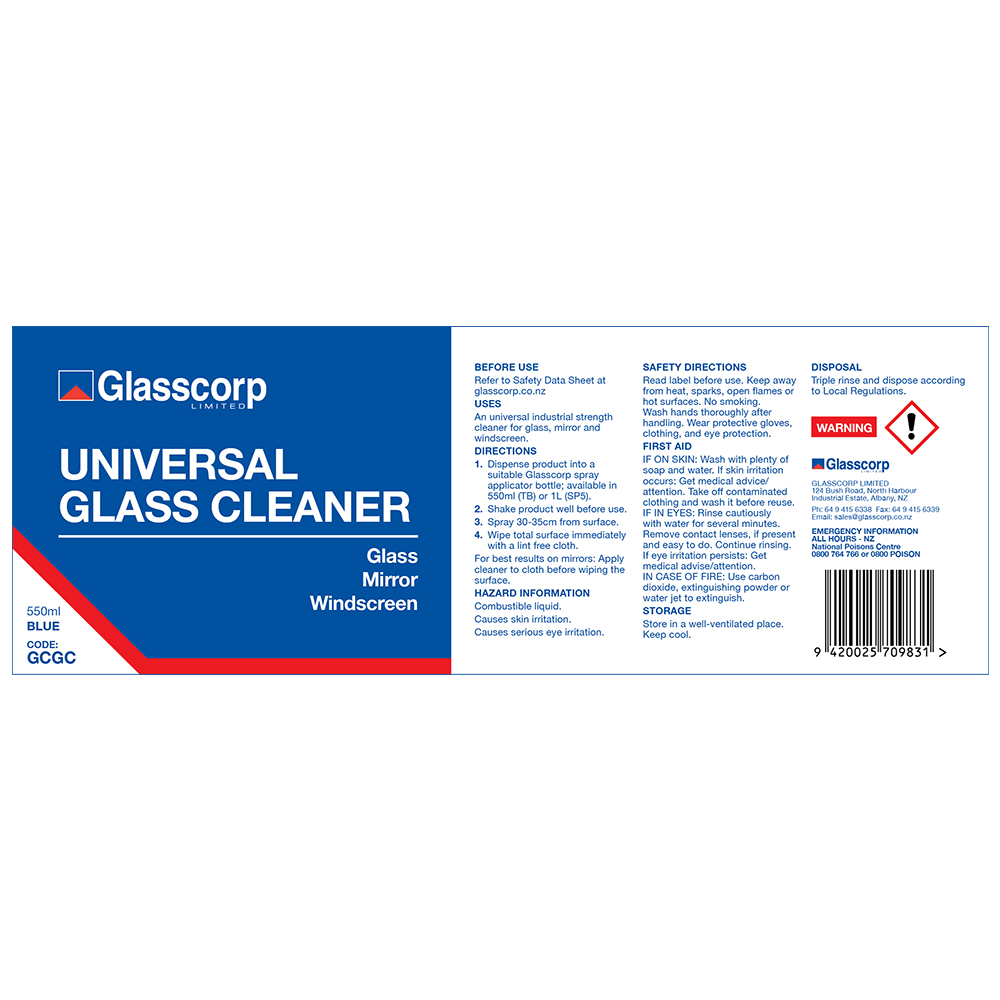 UNIVERSAL GLASS CLEANER - 550ml LABEL