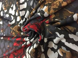 Stretch fabrics - Abstract flowers red, grey, brown, black
