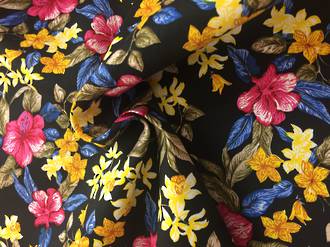 Cotton spandex floral pattern on black BG