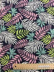 Rayon pink, white, green palm leaves on navy BG