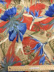 Rayon birds of paradise - blue, red on beige BG