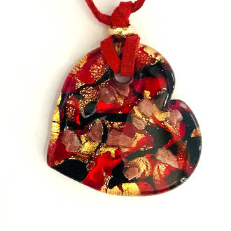 Murano Glass Heart Pendant with Gold Leaf - Red