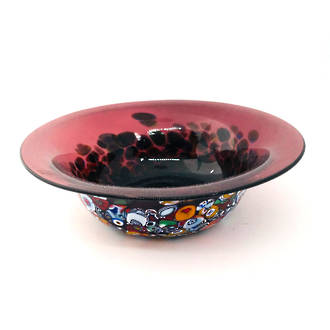 Murano Glass Bowl with Millefiori Beads 150mm diameter - burgundy